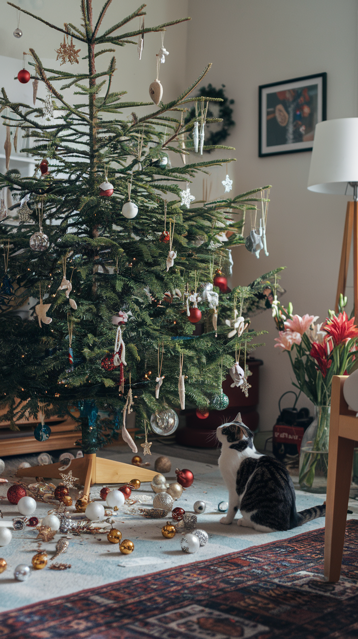 A relaxed cat sits on a slightly tilted Christmas tree. Risks of Cats and Christmas Trees
