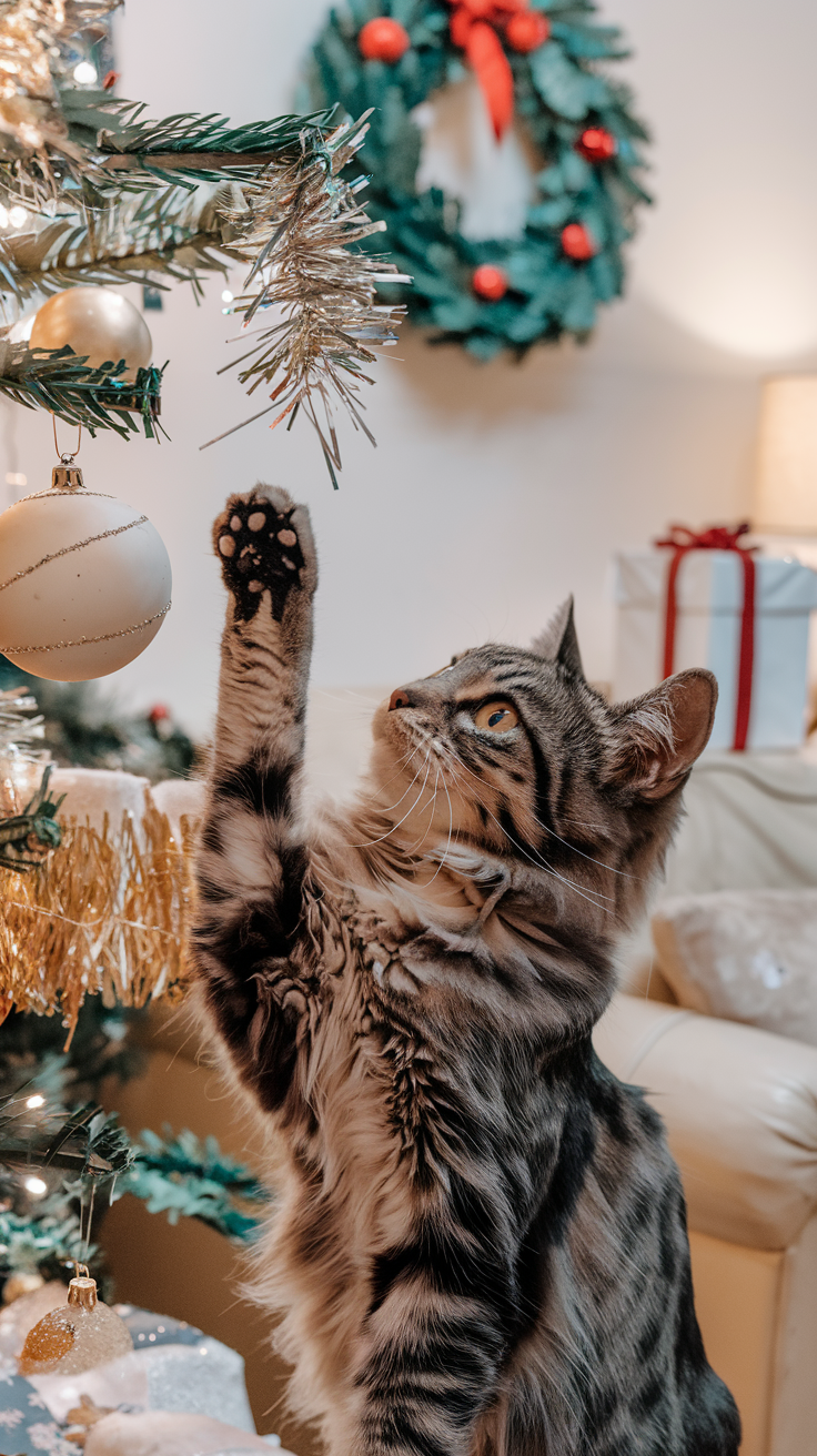 Person carefully removes Christmas decorations while watching their curious cat. Why should I avoid tinsel and small ornaments with cats around