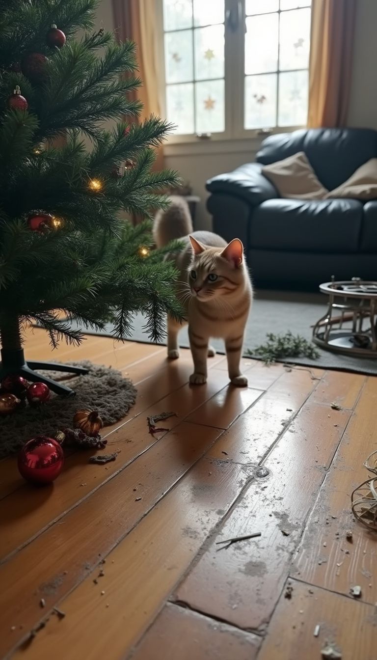 A cat stands beside a messy Christmas tree and spilled water.