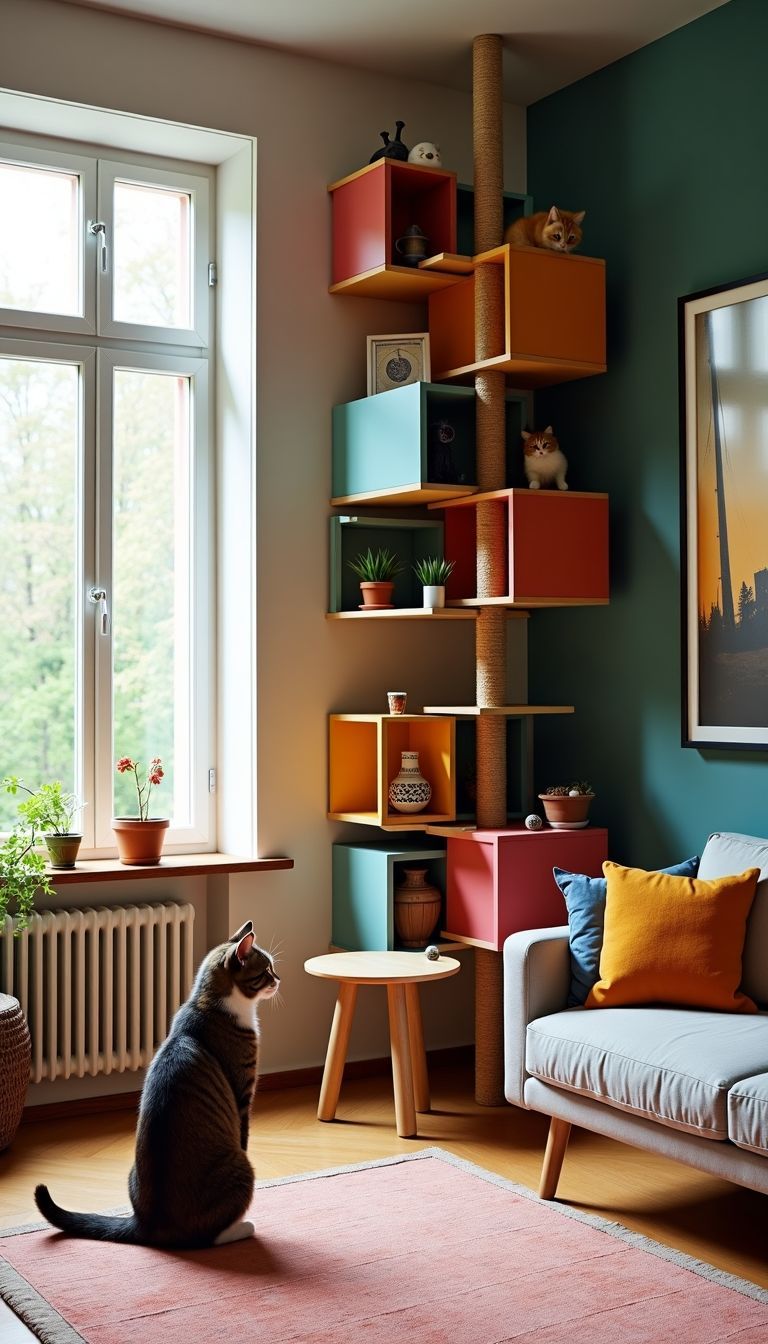 A stylish living room with a creative DIY cat wall.
