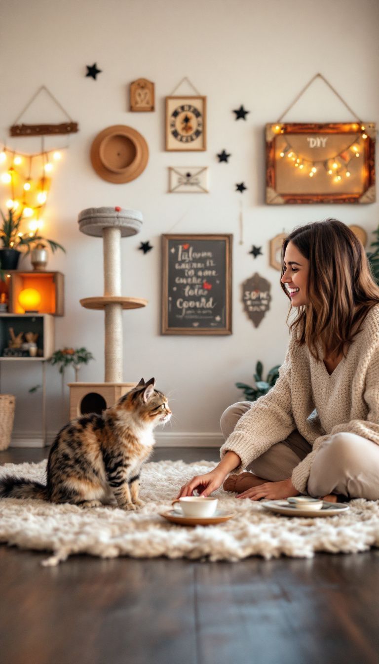 A cozy vintage-inspired living room with DIY cat-friendly decorations.