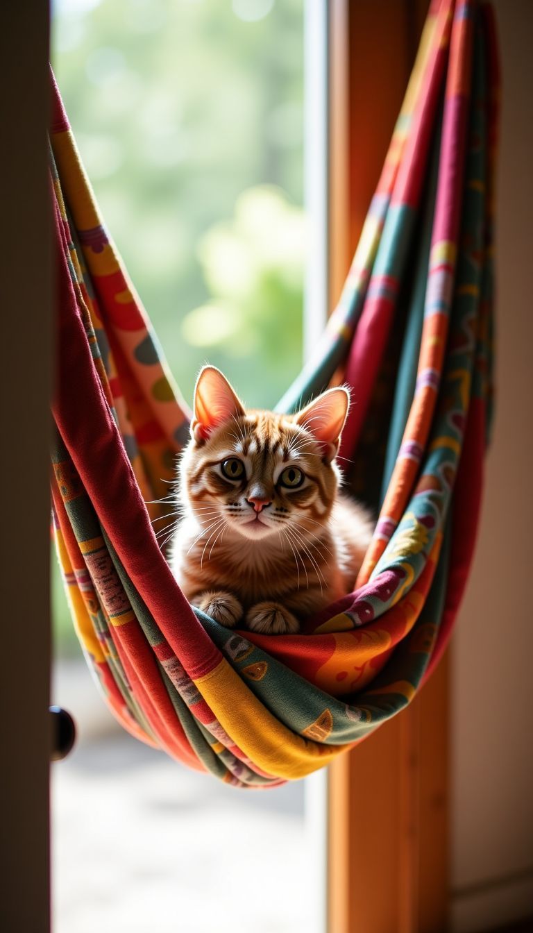 A playful cat peers out from a boho-style hammock in a sunlit room.