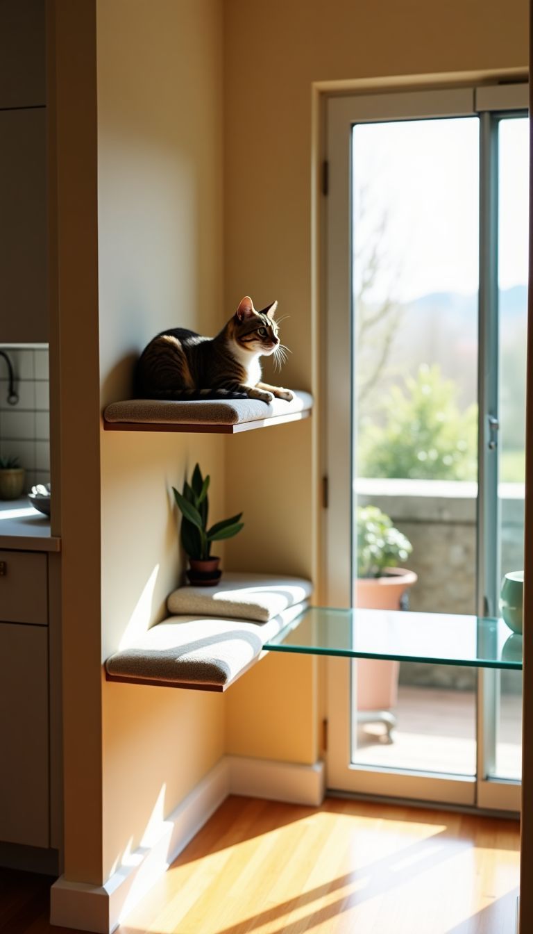 A cat relaxes on a modern floating shelf connected by a glass bridge.