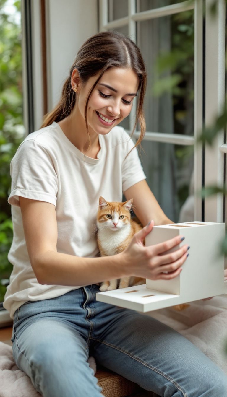 A woman in her thirties assembling a DIY cat shelf at home.