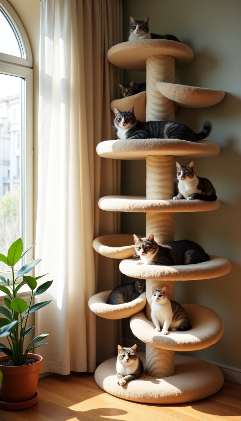A cozy cat shelf playground with multiple levels and soft hammocks.