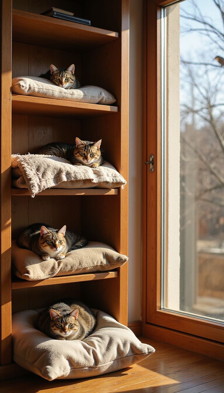 A cozy bookshelf scene with lounging cats and inviting textiles. A cozy bookshelf scene with lounging cats and inviting textiles.