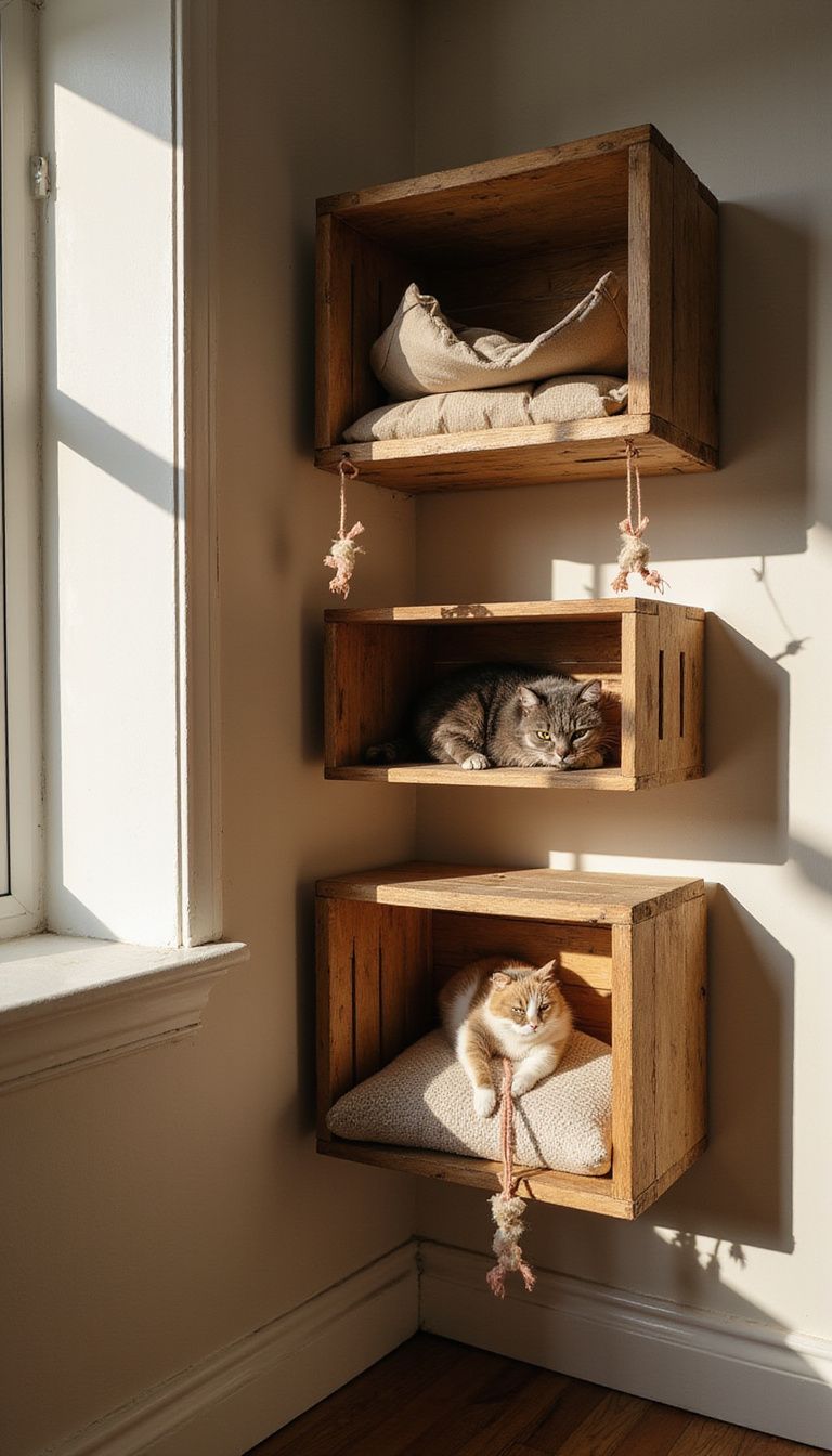 Cozy living room corner with charming cat shelves and toys. Cozy living room corner with charming cat shelves and toys.