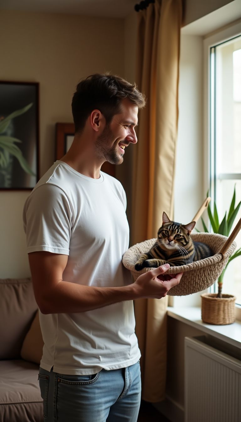 A man sets up a cat wall hammock in his living room.