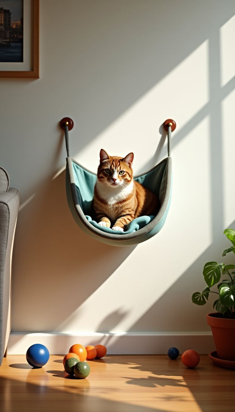 A cozy living room with a wall-mounted cat hammock and toys.