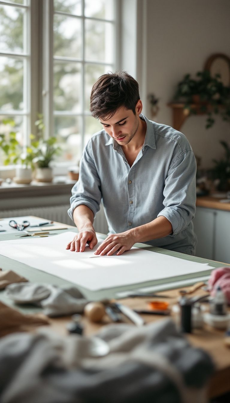 A person in their 30s cutting fabric on a large cutting mat.