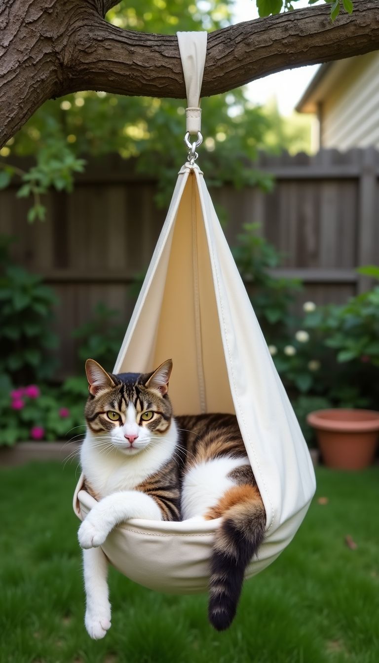 A cat lounges on a sturdy canvas DIY hammock in a backyard.