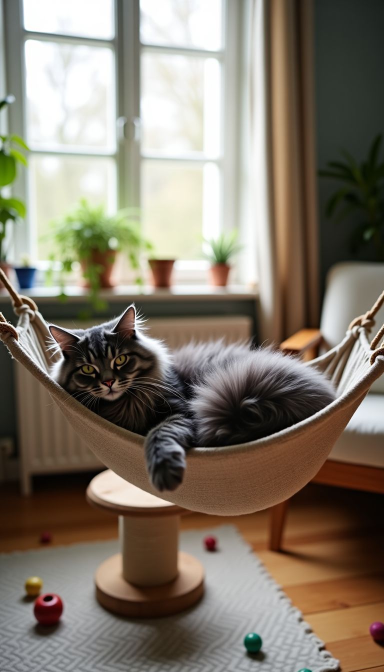 A cozy living room with a lazy cat lounging in a hammock.