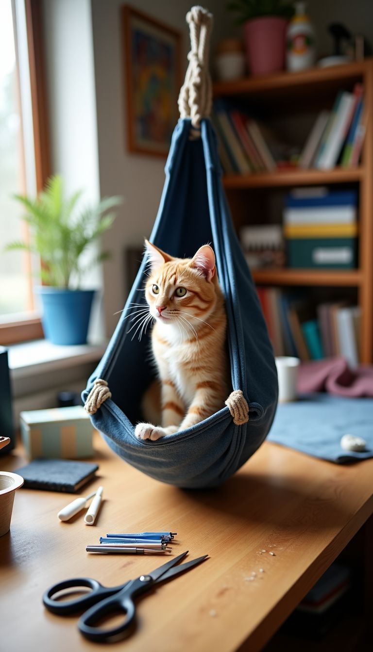 A DIY cat wall hammock being constructed in a craft room.