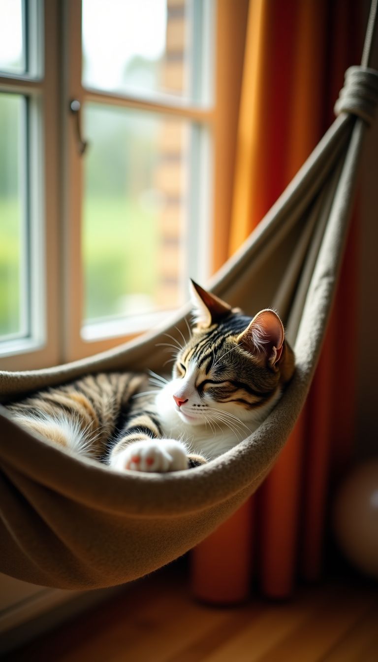 A cat peacefully sleeping in a hammock by a sunny window.
