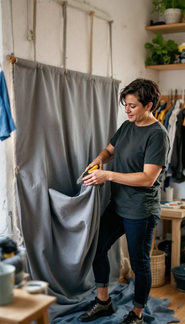 A person in a DIY workshop preparing fabric for a cat hammock.