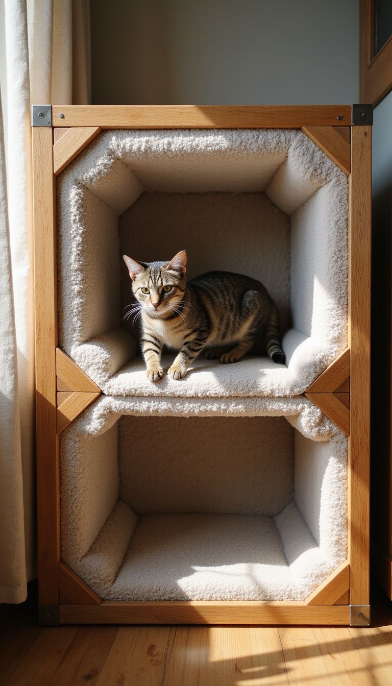 A tabby cat explores a cozy living room with a plush crate. A tabby cat explores a cozy living room with a plush crate.