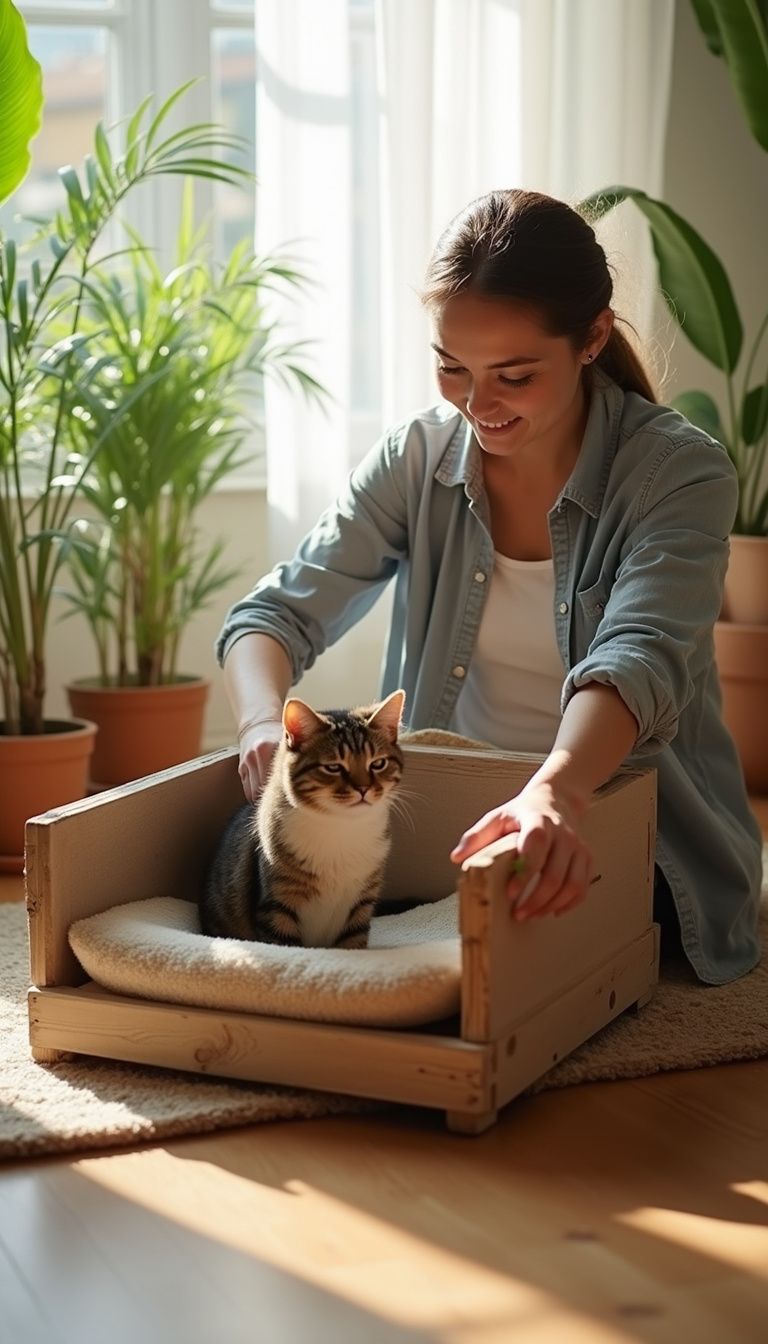 A woman assembles a cozy cat cubby in her living room. A woman assembles a cozy cat cubby in her living room.