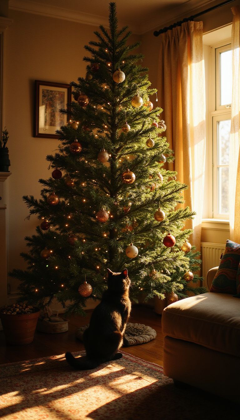 A majestic Christmas tree adorned with cat-safe ornaments in a cozy room.