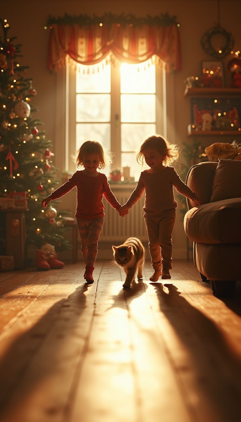 A joyful family celebrates the holidays with a playful cat.