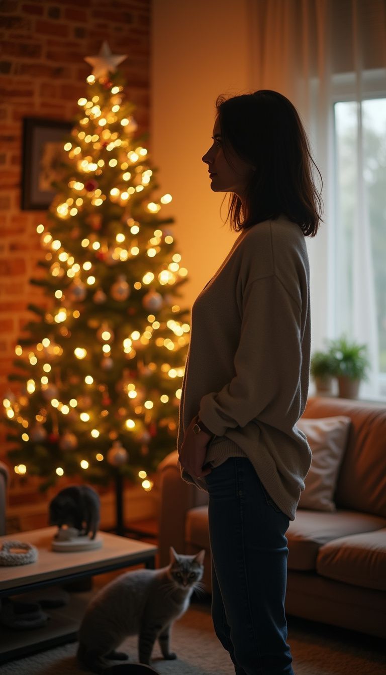 A thoughtful woman admires a cozy, festive living room.
