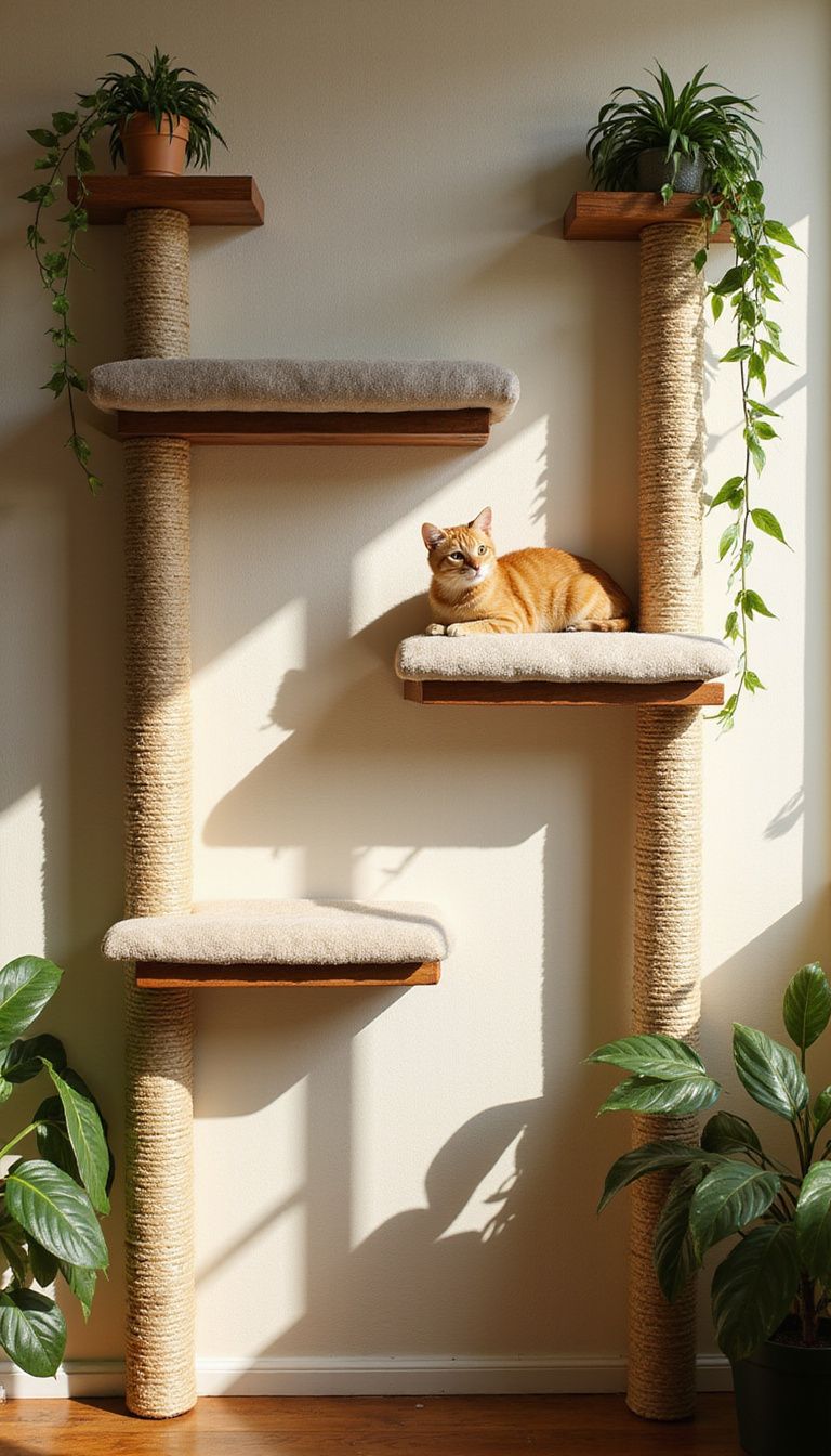 A cozy cat wall with shelves, scratching posts, and plants. A cozy cat wall with shelves, scratching posts, and plants.