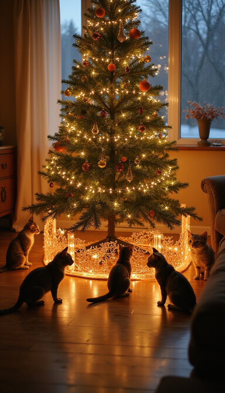 Cozy living room with a decorated Christmas tree and playful cats.