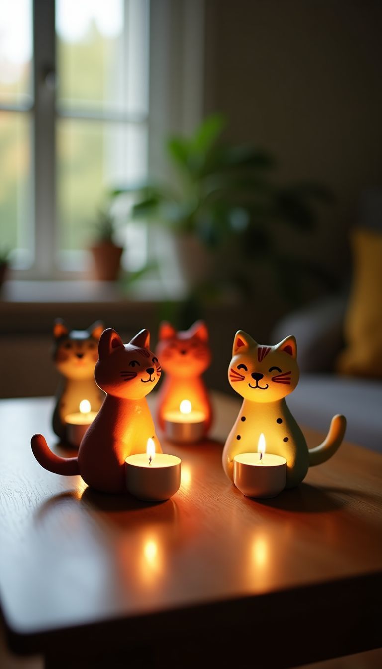 'Handmade air dry clay cat candle holders on a wooden table.'