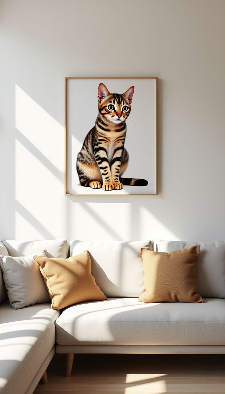 A completed DIY cat wall art project displayed in a cozy living room.