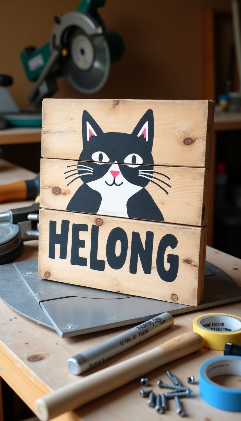 A rustic wooden pallet sign with a hand-painted cat design in a workshop surrounded by DIY tools.