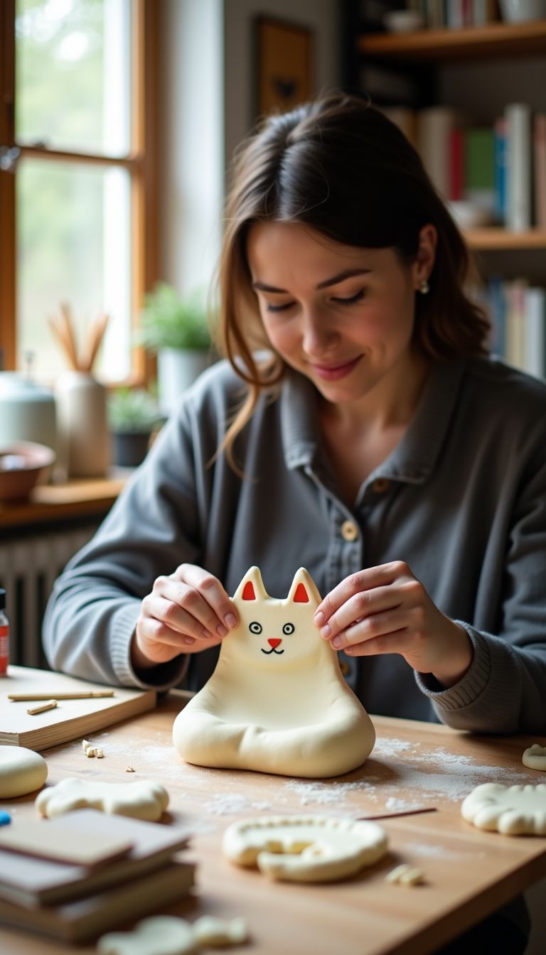 A cat lover in their 30s crafts a salt dough cat wall hanging.