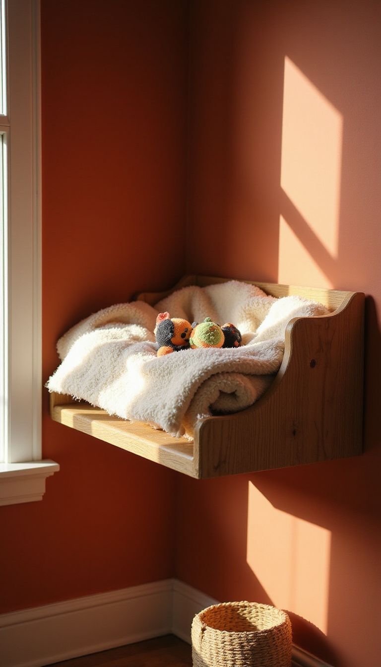 Cozy wooden cat shelf adorned with soft blankets and toys. Cozy wooden cat shelf adorned with soft blankets and toys.
