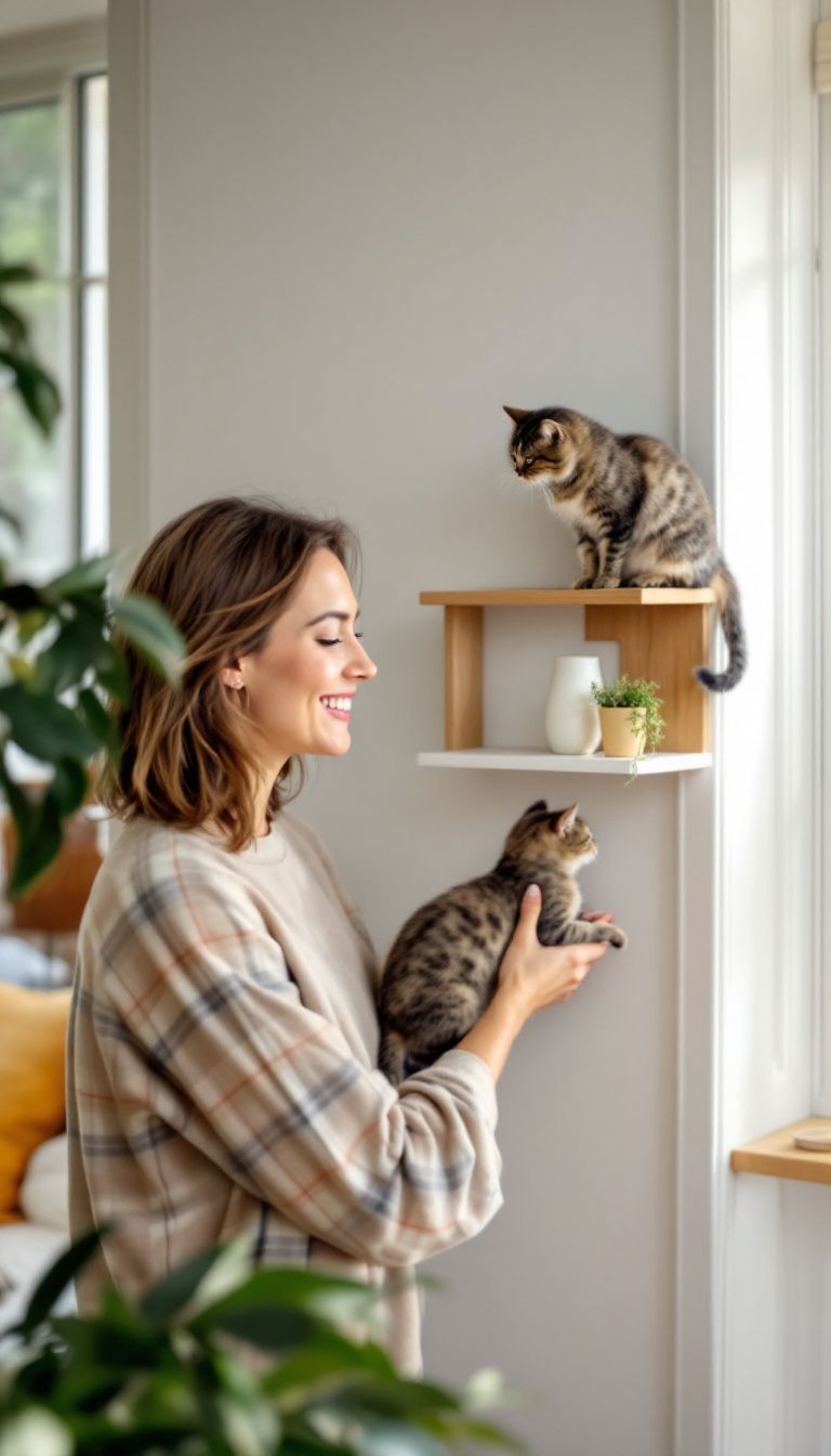 A woman in her 30s installs cat wall shelves in a cozy living room.