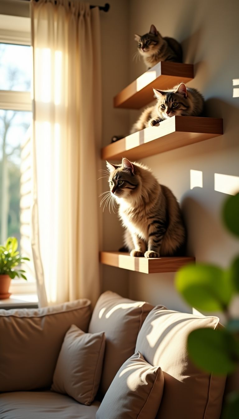 A cat explores and lounges on DIY wall shelves in sunny living room.