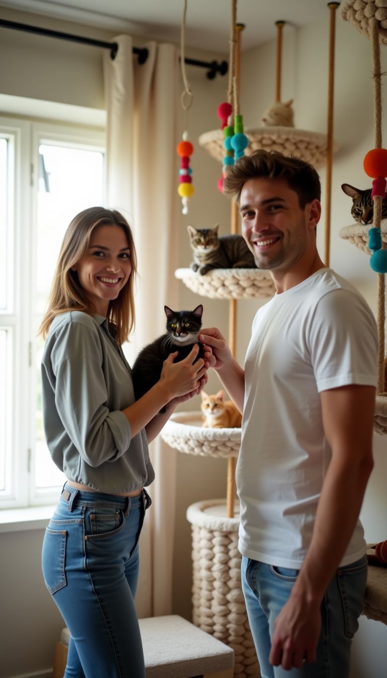 A couple working on installing fabric hammock shelves for their cats.