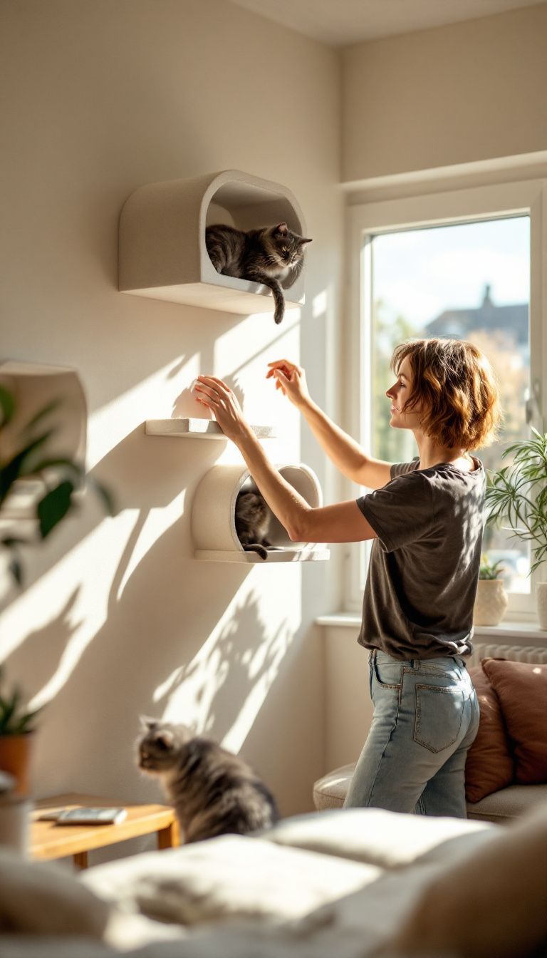 A DIY enthusiast in their 30s arranging cat shelves with a curious cat in a cozy living room.