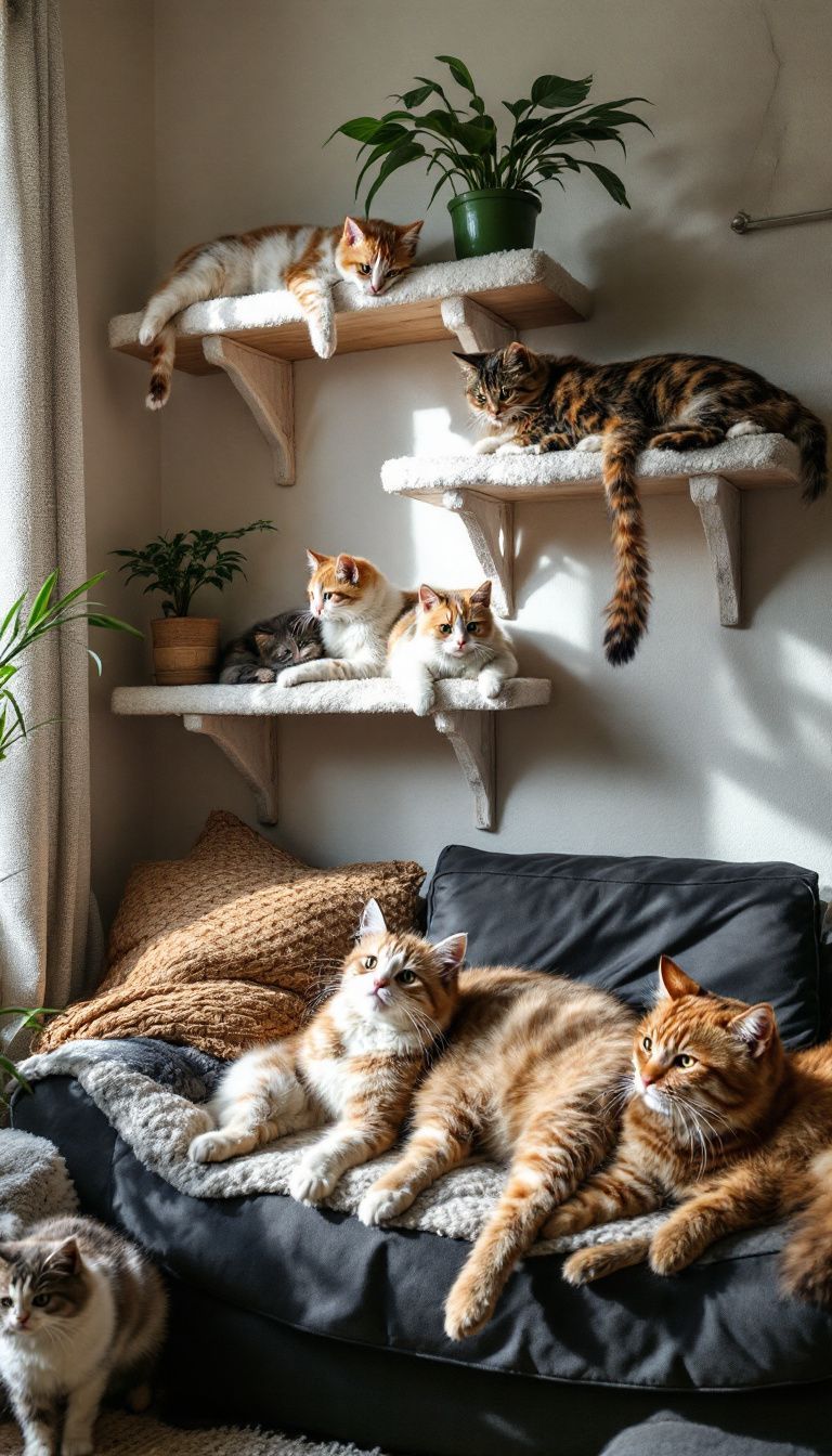 A cozy living room with DIY cat wall shelves and playful cats.