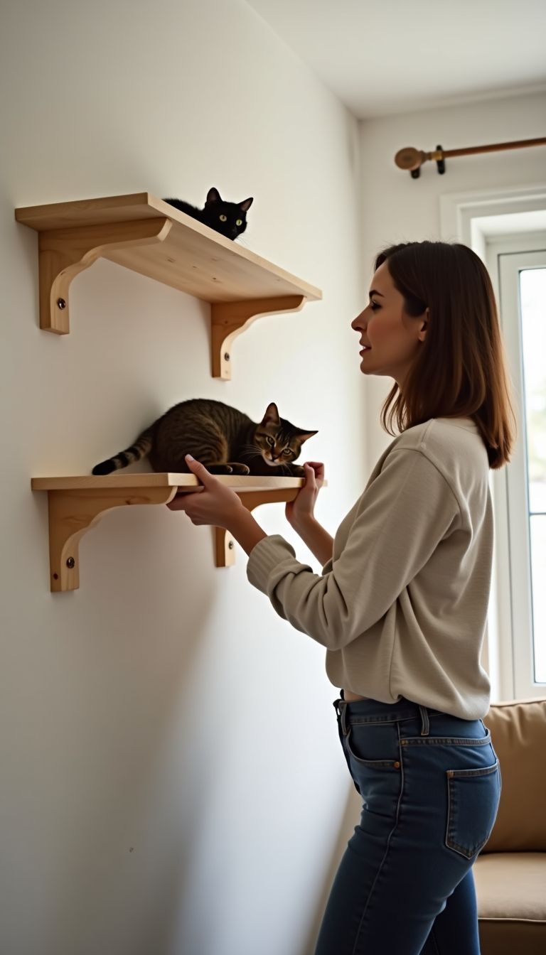 A woman in her 30s installs wooden cat wall shelves in a cozy living room.