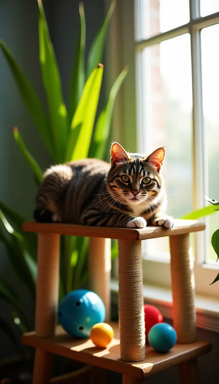 An indoor cat resting on a shelf surrounded by plants and toys.