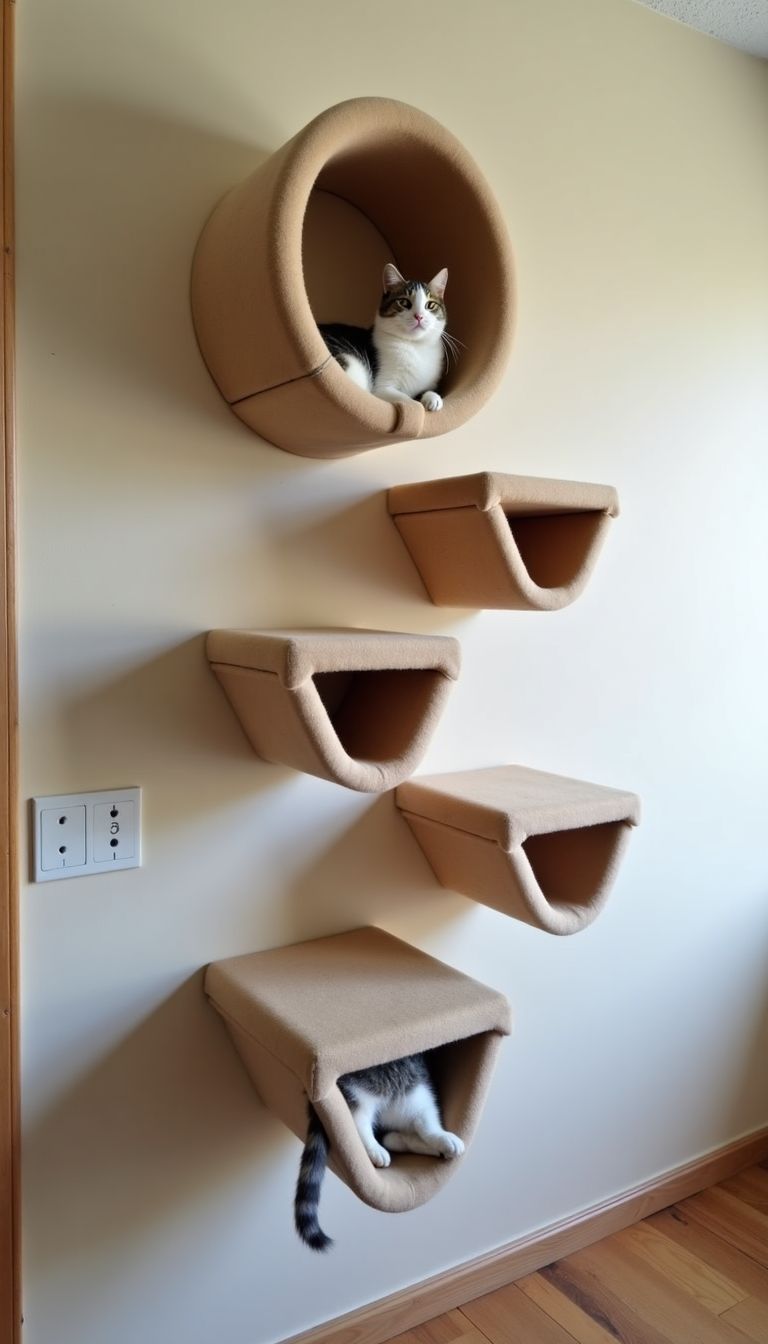 A cat wall shelf setup with multiple climbing shelves for play.