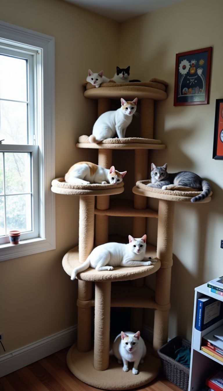 A small, cluttered room with multiple cat shelves for climbing.