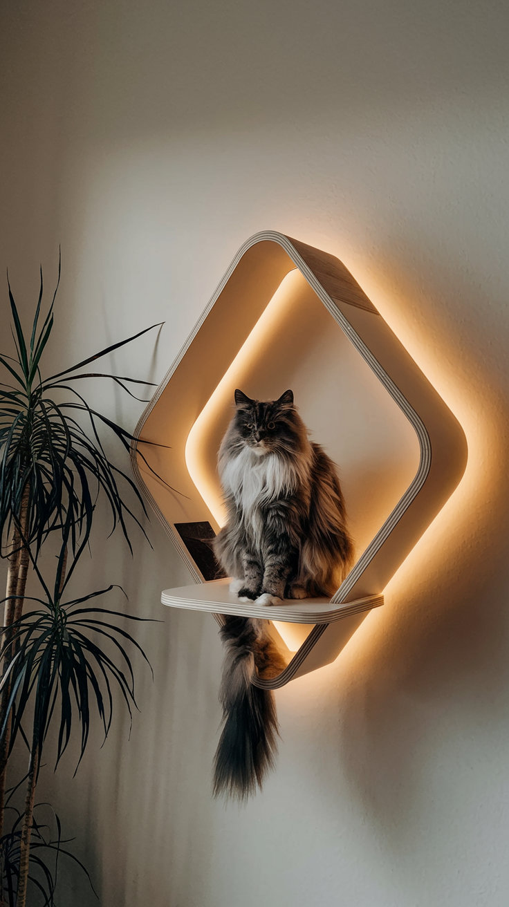 A small, cluttered room with multiple cat shelves for climbing. diy cat wall shelves Utilize vertical space efficiently