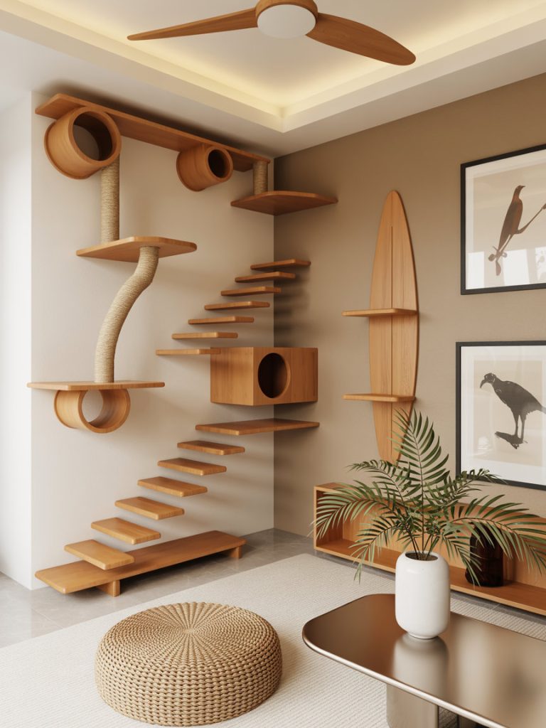 A cat wall shelf setup with multiple climbing shelves for play. diy cat wall shelves matching design to apartment style
