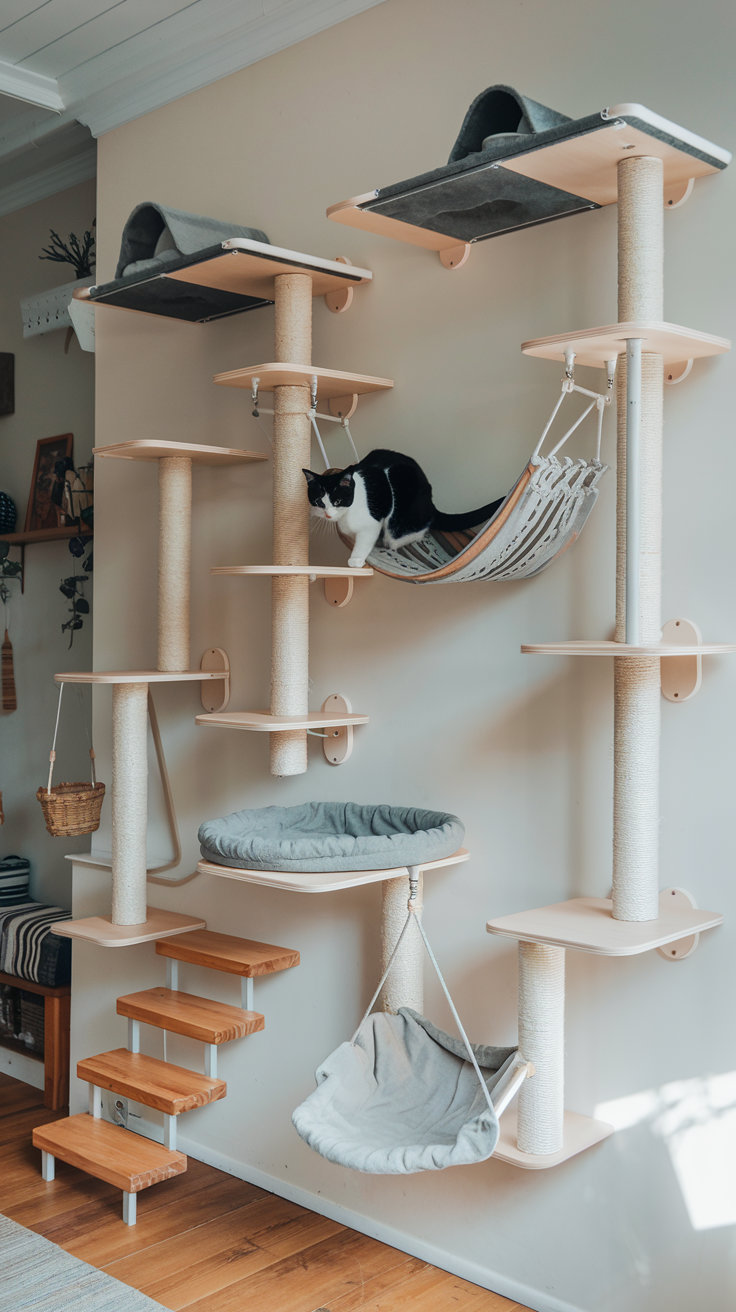 An indoor cat resting on a shelf surrounded by plants and toys. diy cat wall shelves reduces boredom and stress
