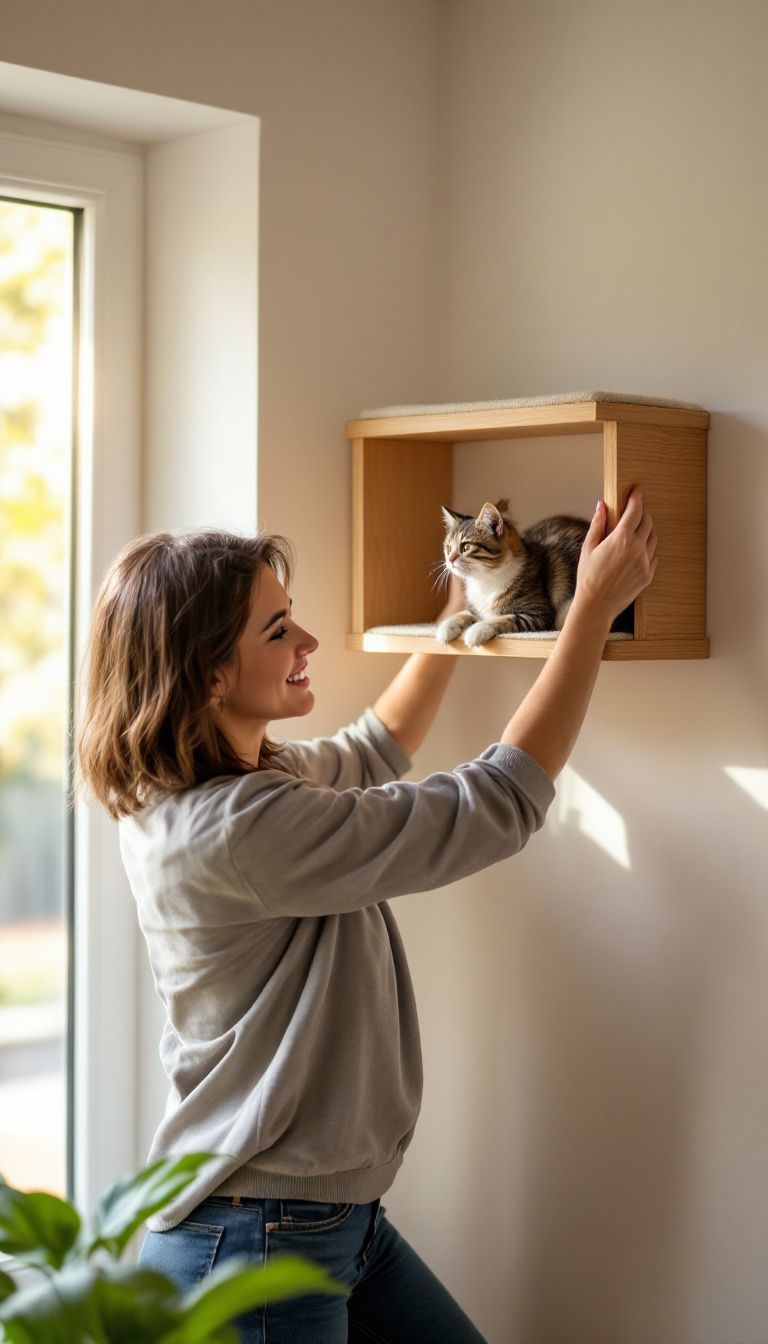 A woman in her 30s installs a wall cat bed on a wooden corner shelf.