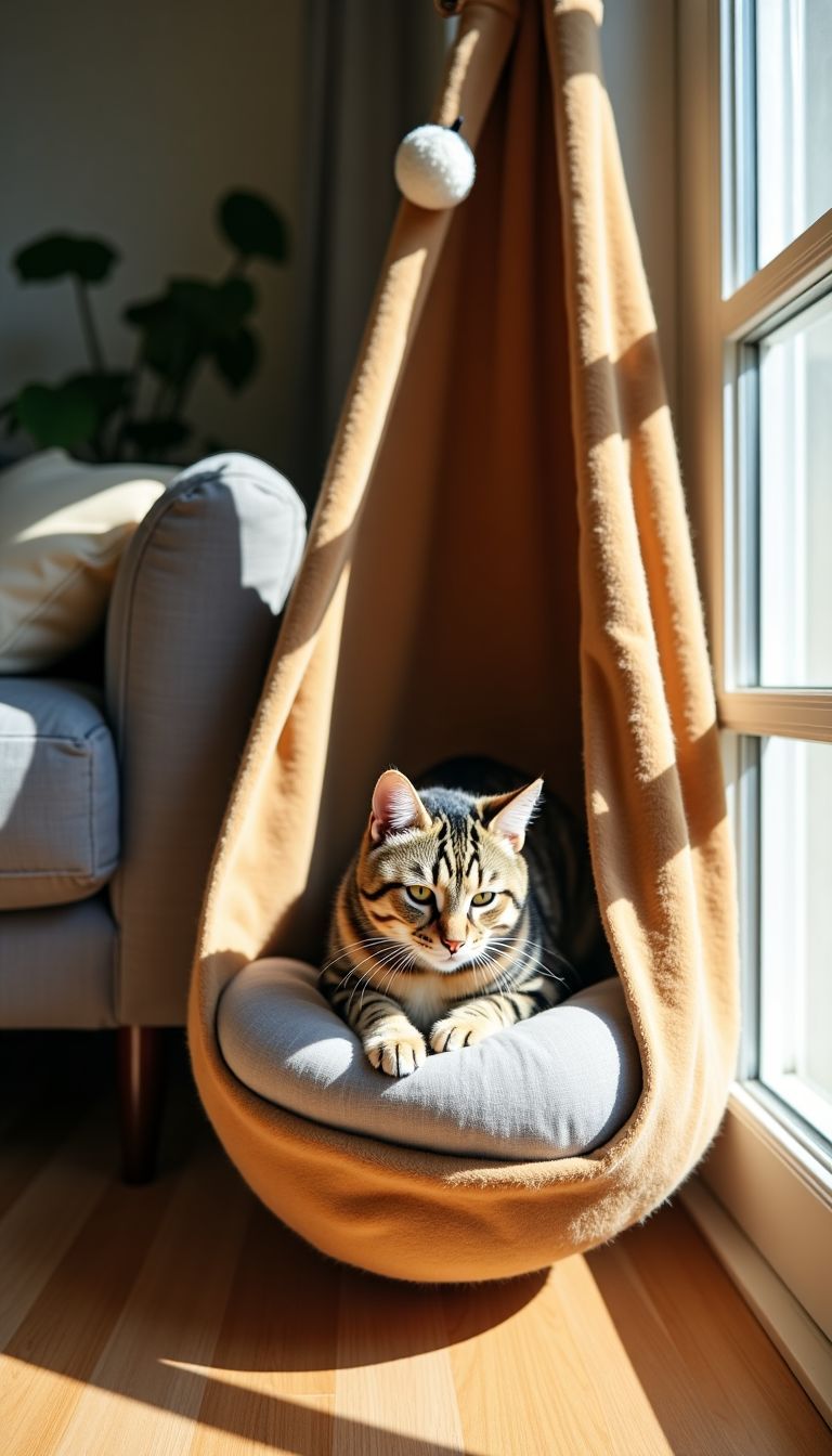 A homemade wall cat bed made from old clothes with a curious cat.