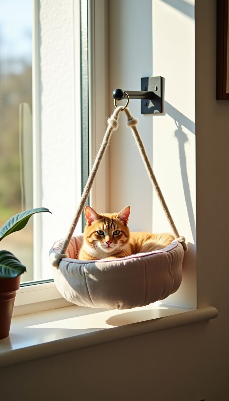 A cozy, no-sew wall cat bed made of soft, pastel-colored fabric.