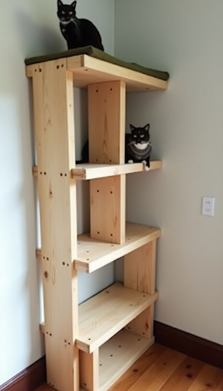 A sturdy wooden support structure for a cat wall bed with well-spaced steps and a slotted cat shelf.