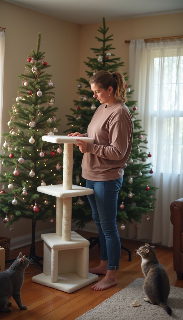 A woman assembles a cat tree near a Christmas tree.