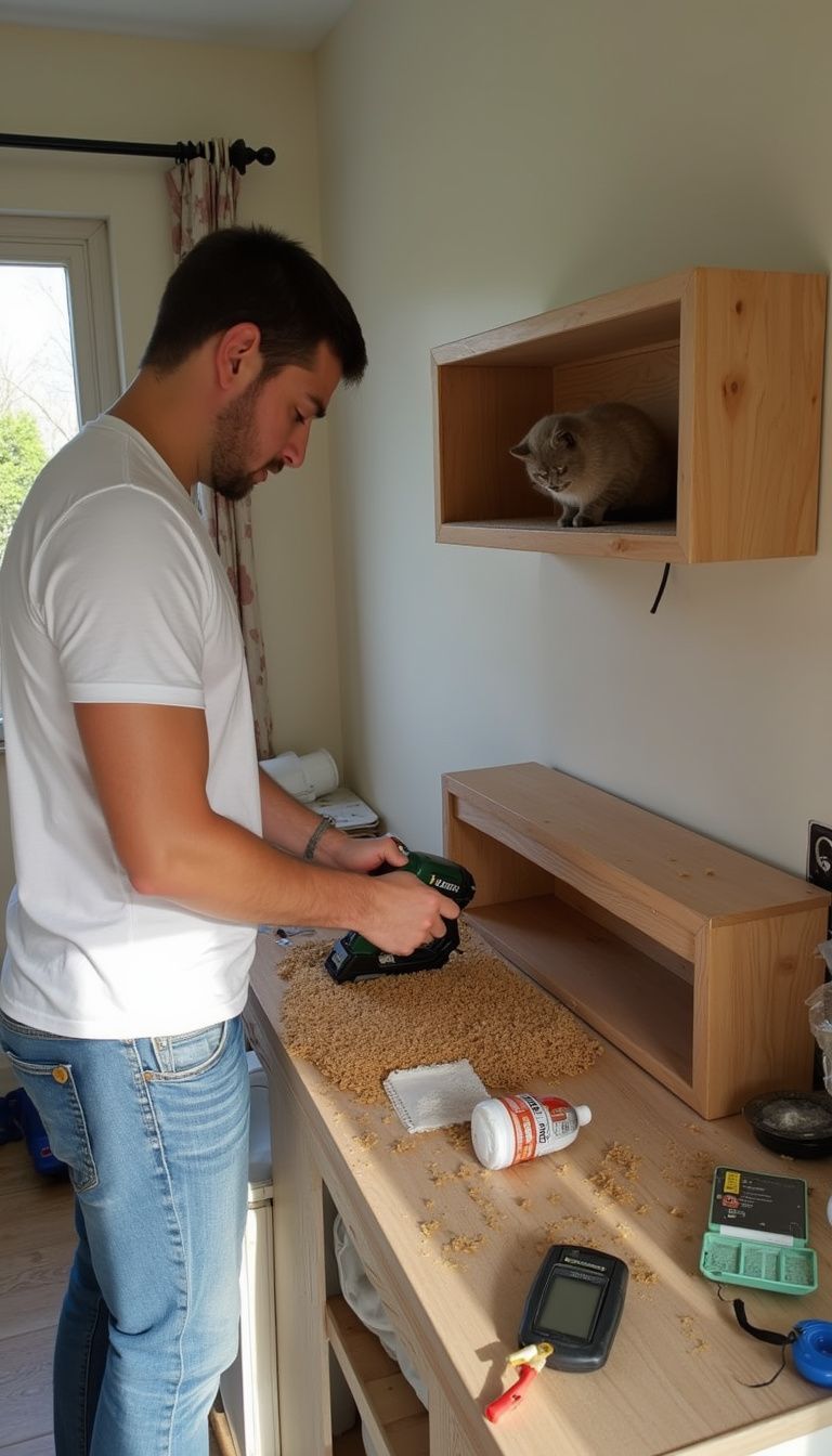 Person attaching coir carpet to wooden shelves for cats.