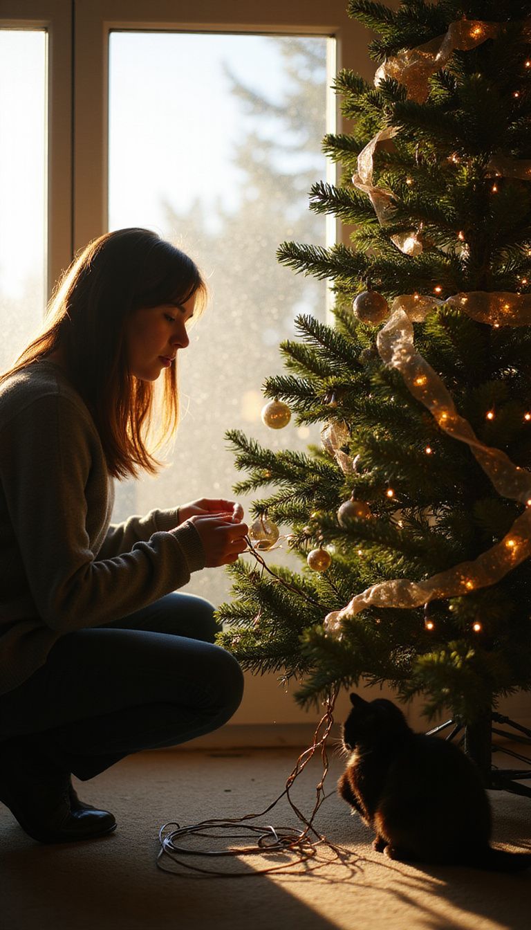 A woman secures Christmas decorations to protect them from her cat.